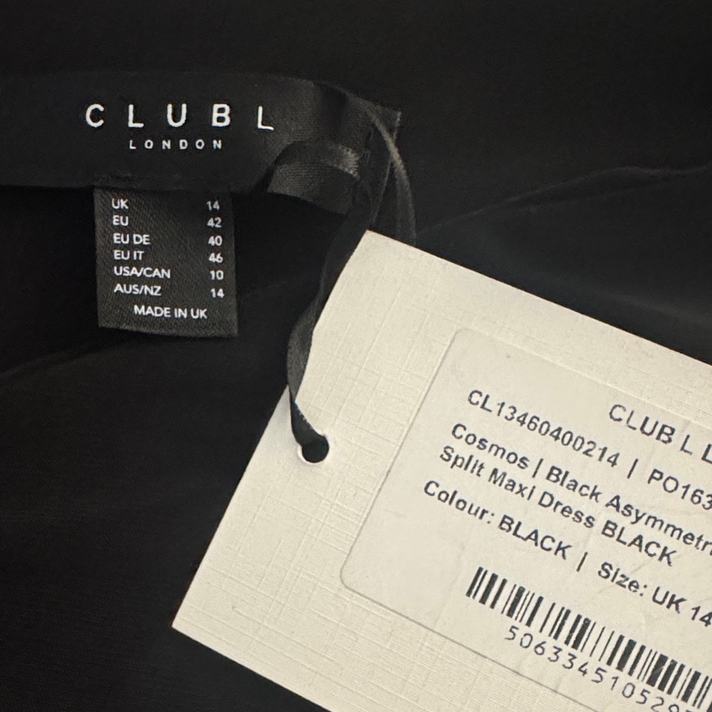 CLUB L LONDON - COSMOS Black asymmetrical long sleeve split maxi dress - Picture 2 of 5
